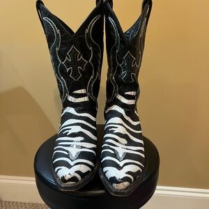 Nocona Zebra Black Leather Cowboy Boots ladies 8.5B